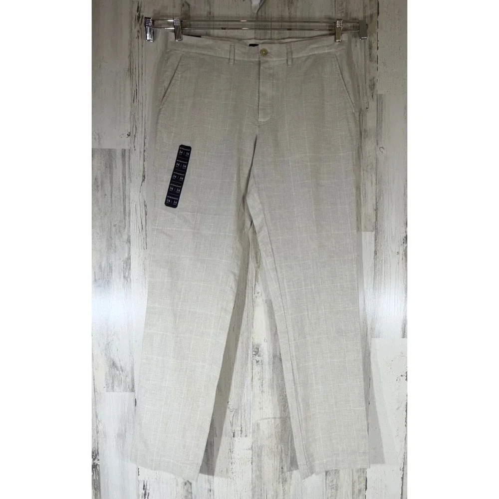 J Crew Factory Straight Fit Pants 34x34 Beige Glen Plaid Linen Cotton Blend NWT
